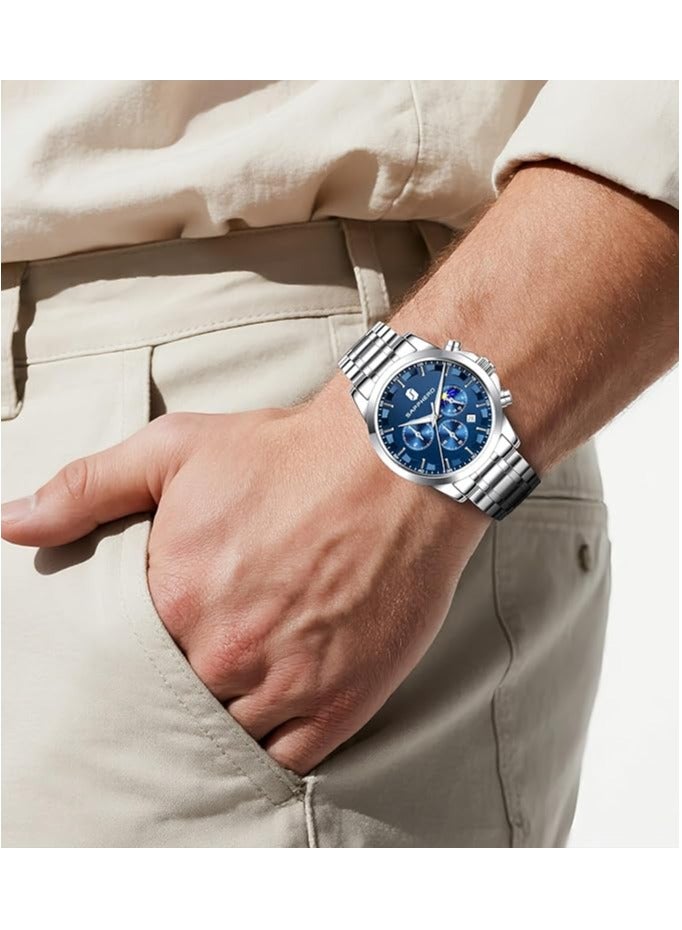 Sapphero Mens Watches Multifunction Chronograph Date Quartz Watch for Men Stainless Steel Band Wrist Watch Gift for Men Casual Business - Image 3